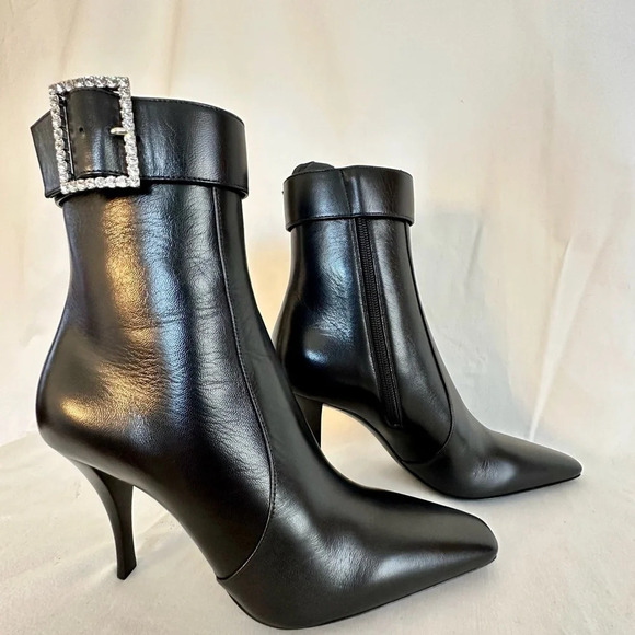 NIB Saint Laurent Tom Goatskin Crystal-Buckle Booties size: 6.5/ 36 1/2 - Picture 1 of 6